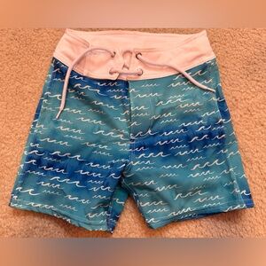 Kids Wave Pattern Swim Trunks - white and blue